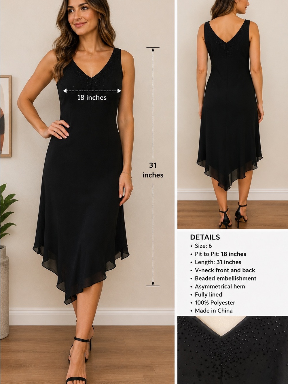 Evan Picone Black V-Neck Asymmetrical Hem Dress - Elegant Evening Dress